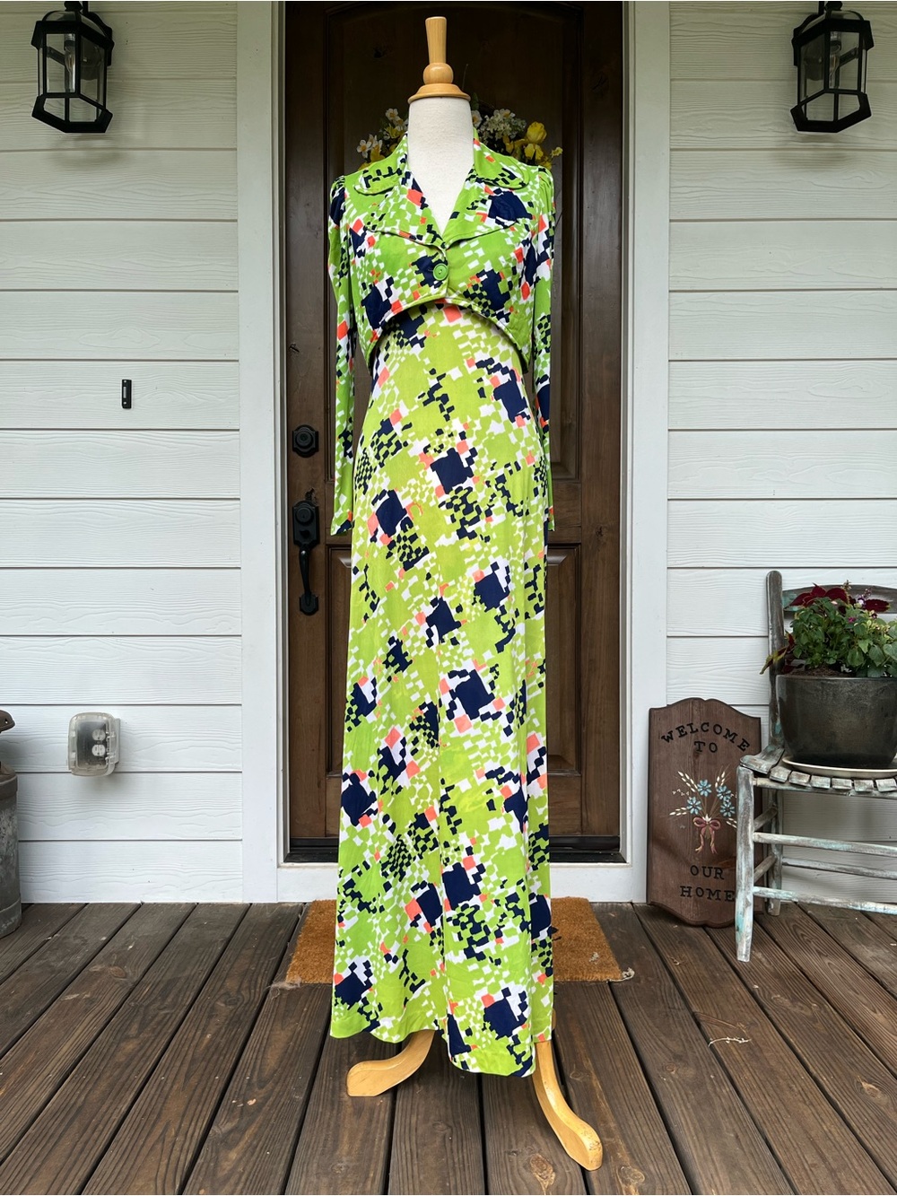 Vintage 2 piece Lime Green Geometric Maxi Dress